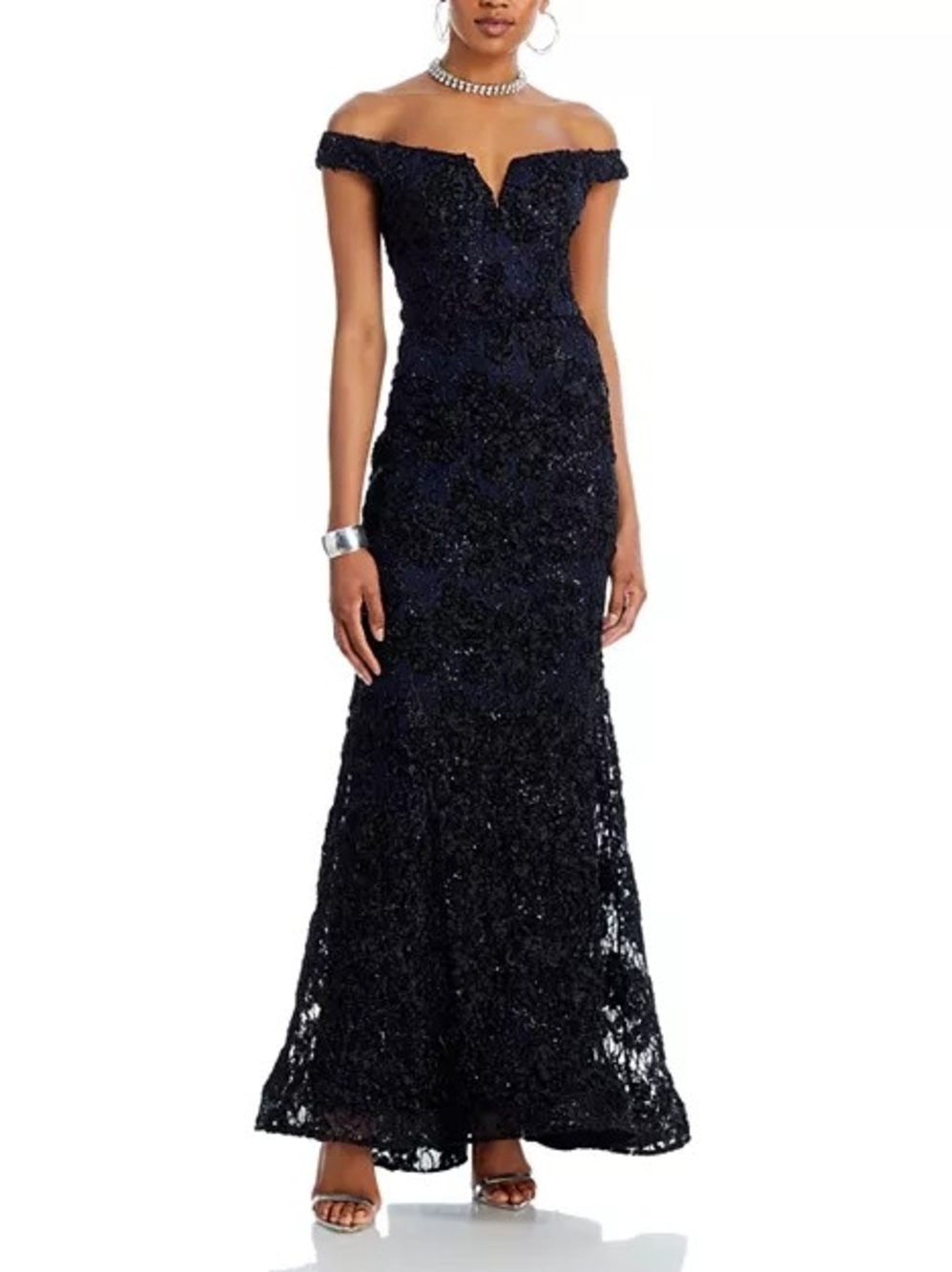 Aqua Off-the-Shoulder Navy Sequin Maxi Gown